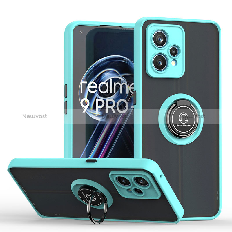 Silicone Matte Finish and Plastic Back Cover Case with Magnetic Finger Ring Stand QW2 for Realme 9 Pro+ Plus 5G