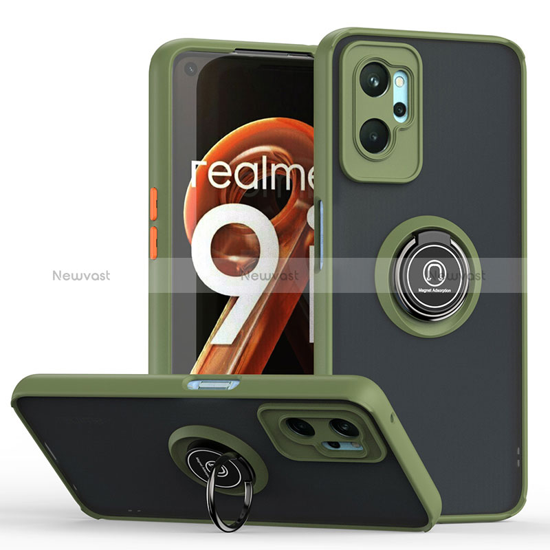 Silicone Matte Finish and Plastic Back Cover Case with Magnetic Finger Ring Stand QW2 for Realme 9i 4G Army green