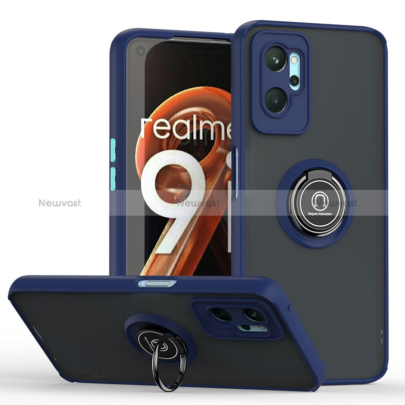Silicone Matte Finish and Plastic Back Cover Case with Magnetic Finger Ring Stand QW2 for Realme 9i 4G Blue