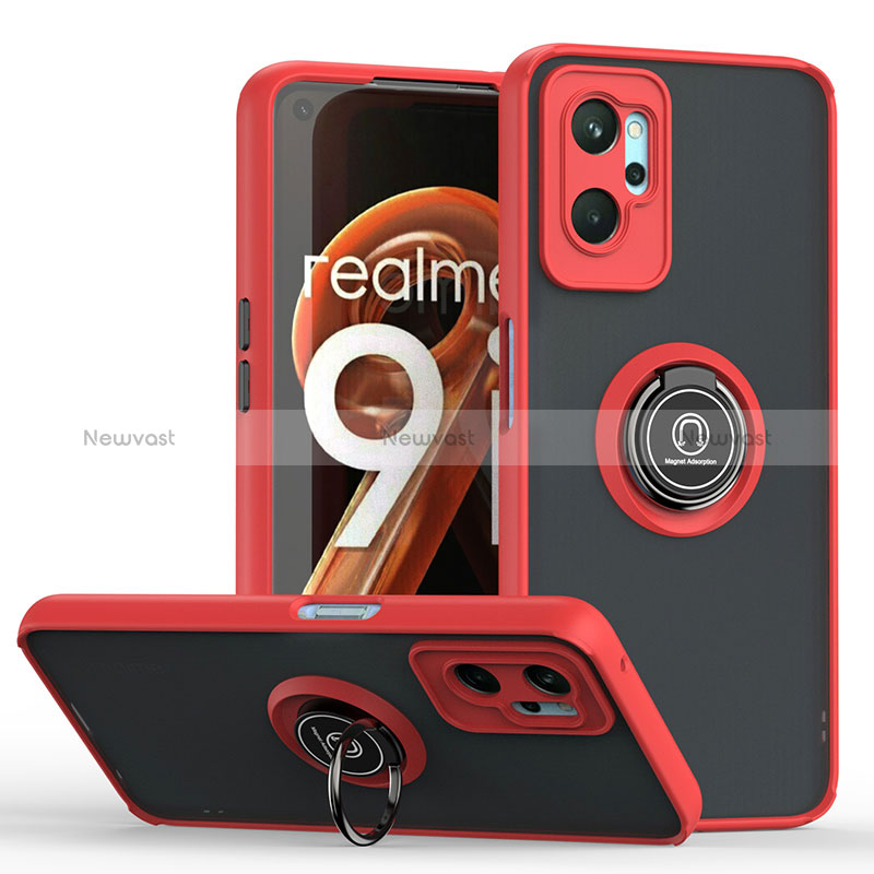 Silicone Matte Finish and Plastic Back Cover Case with Magnetic Finger Ring Stand QW2 for Realme 9i 4G Red