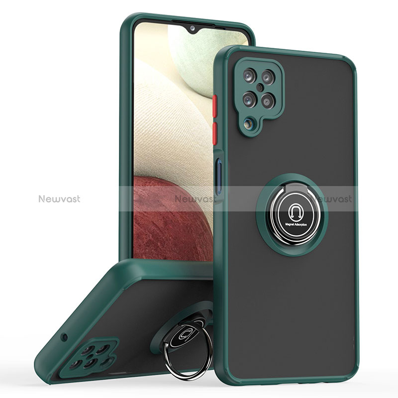 Silicone Matte Finish and Plastic Back Cover Case with Magnetic Finger Ring Stand QW2 for Samsung Galaxy A12 Nacho Midnight Green
