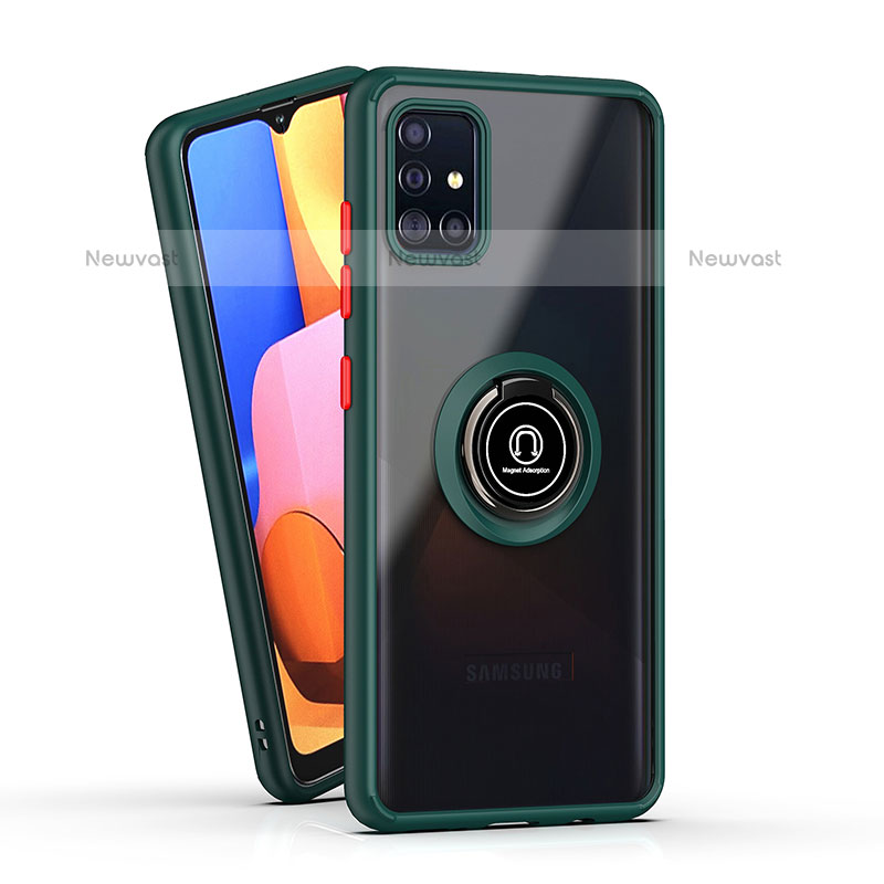 Silicone Matte Finish and Plastic Back Cover Case with Magnetic Finger Ring Stand QW2 for Samsung Galaxy A51 4G Midnight Green