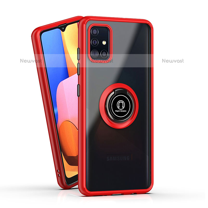 Silicone Matte Finish and Plastic Back Cover Case with Magnetic Finger Ring Stand QW2 for Samsung Galaxy A51 4G Red