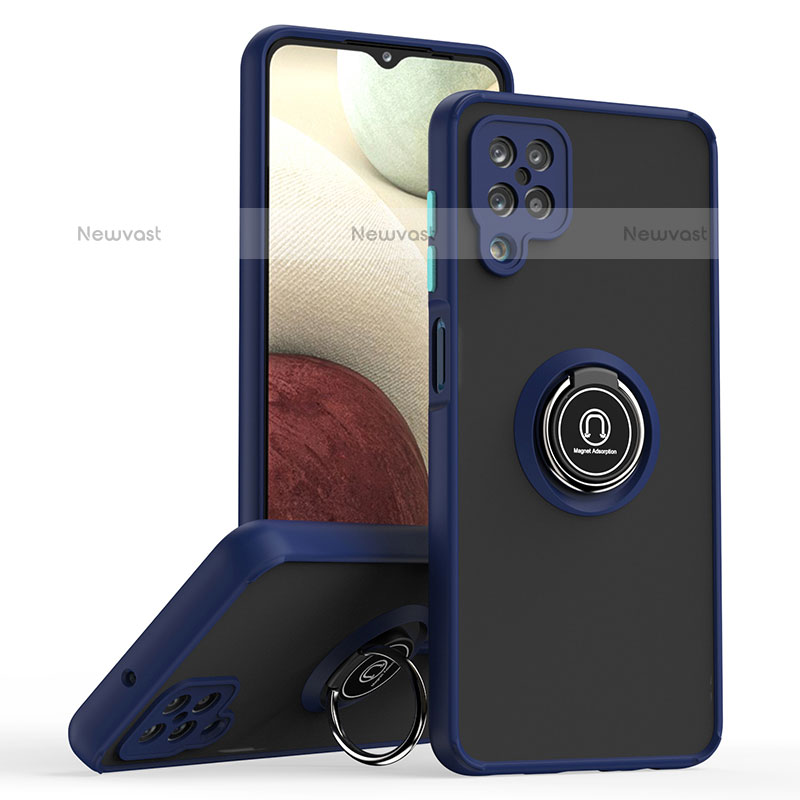 Silicone Matte Finish and Plastic Back Cover Case with Magnetic Finger Ring Stand QW2 for Samsung Galaxy F12