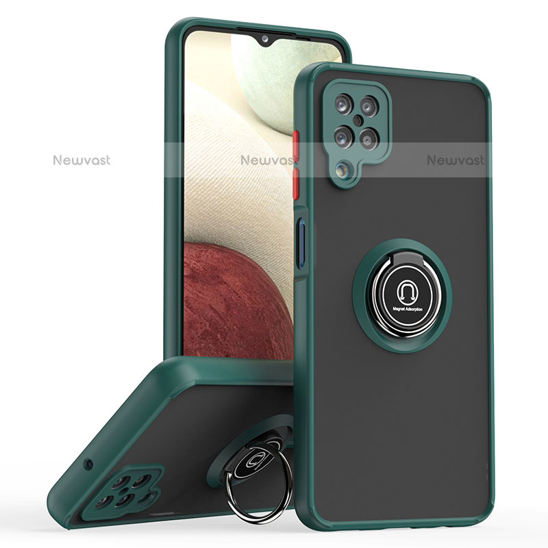 Silicone Matte Finish and Plastic Back Cover Case with Magnetic Finger Ring Stand QW2 for Samsung Galaxy F12