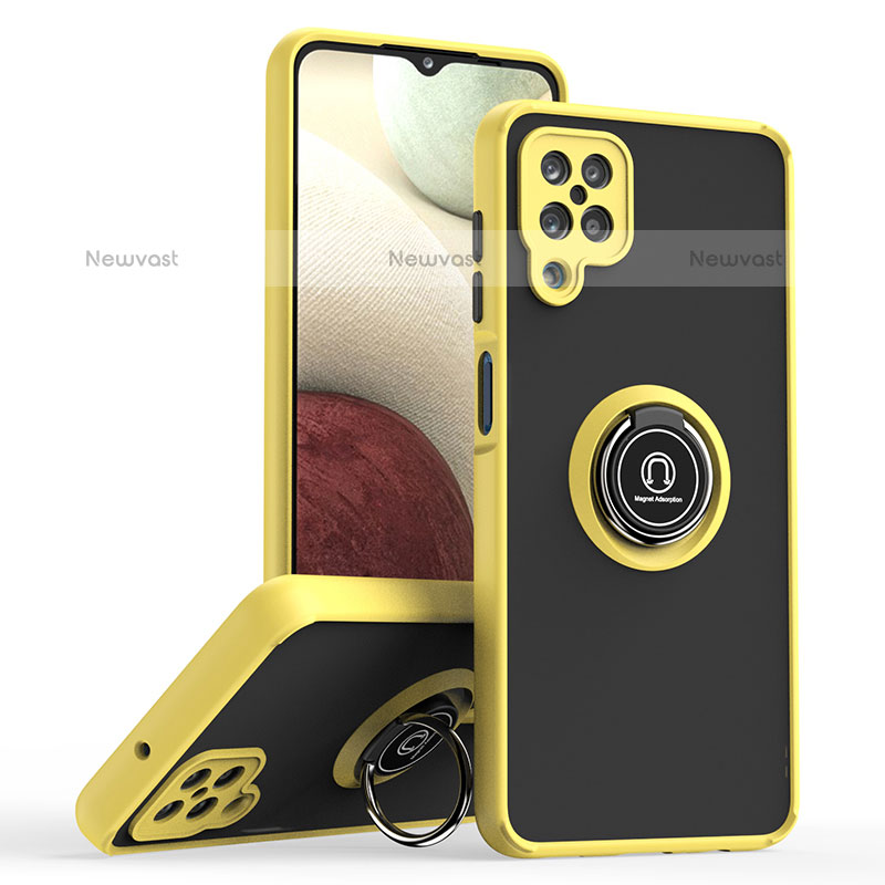 Silicone Matte Finish and Plastic Back Cover Case with Magnetic Finger Ring Stand QW2 for Samsung Galaxy F12 Yellow