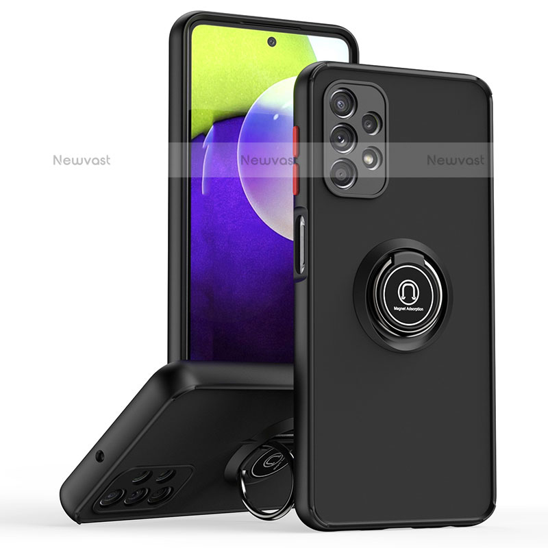 Silicone Matte Finish and Plastic Back Cover Case with Magnetic Finger Ring Stand QW2 for Samsung Galaxy M32 5G