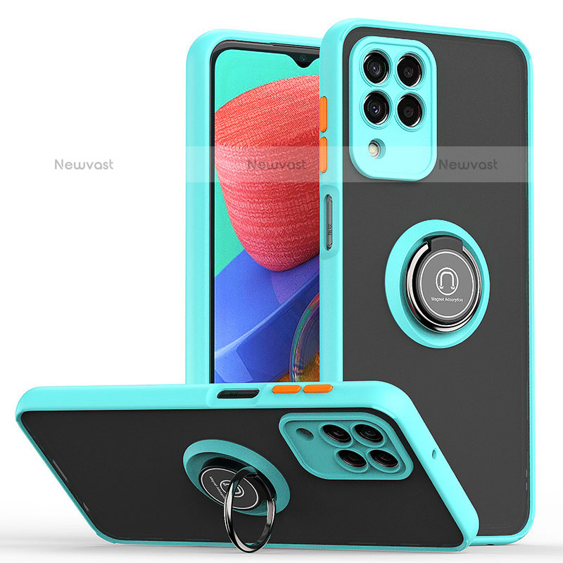 Silicone Matte Finish and Plastic Back Cover Case with Magnetic Finger Ring Stand QW2 for Samsung Galaxy M33 5G Cyan