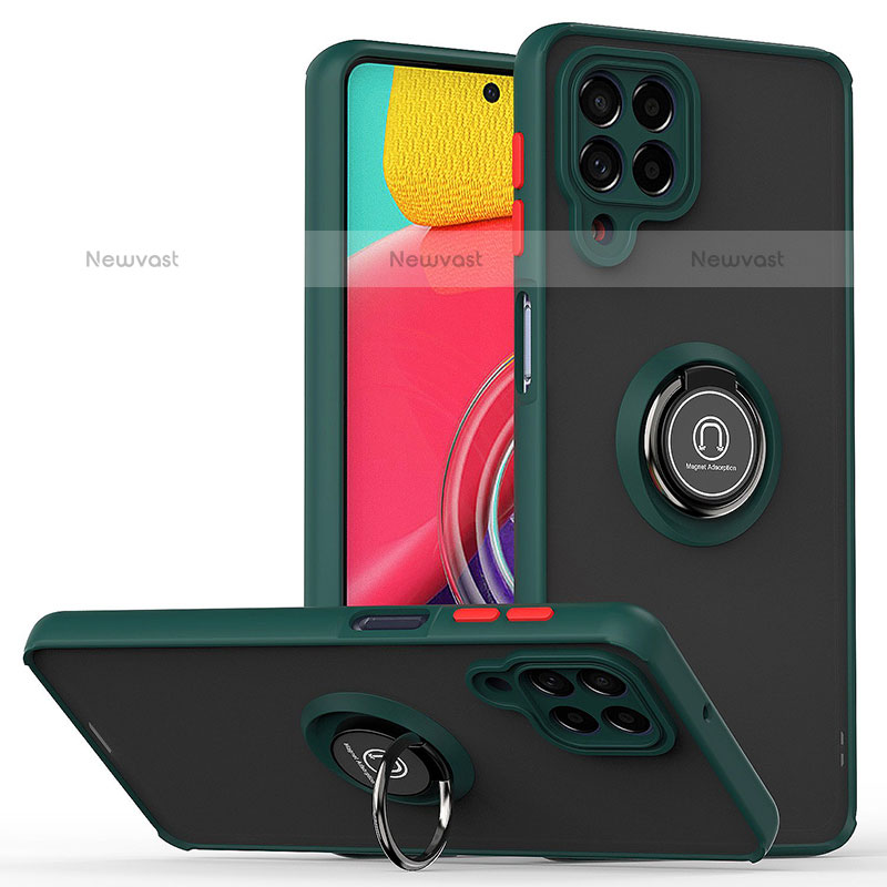 Silicone Matte Finish and Plastic Back Cover Case with Magnetic Finger Ring Stand QW2 for Samsung Galaxy M53 5G Midnight Green