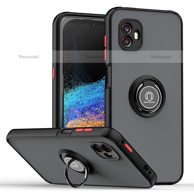 Silicone Matte Finish and Plastic Back Cover Case with Magnetic Finger Ring Stand QW2 for Samsung Galaxy XCover 6 Pro 5G Red and Black