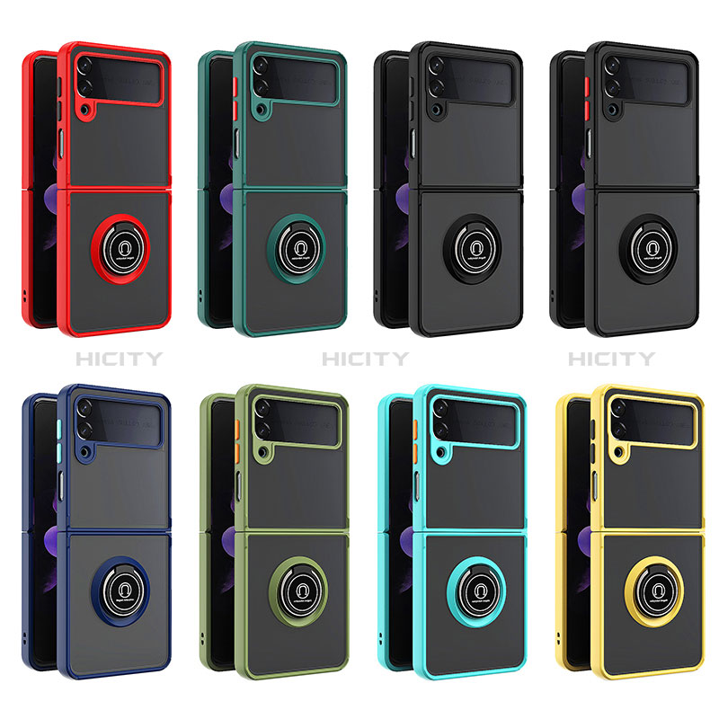 Silicone Matte Finish and Plastic Back Cover Case with Magnetic Finger Ring Stand QW2 for Samsung Galaxy Z Flip4 5G