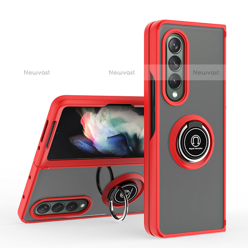 Silicone Matte Finish and Plastic Back Cover Case with Magnetic Finger Ring Stand QW2 for Samsung Galaxy Z Fold3 5G