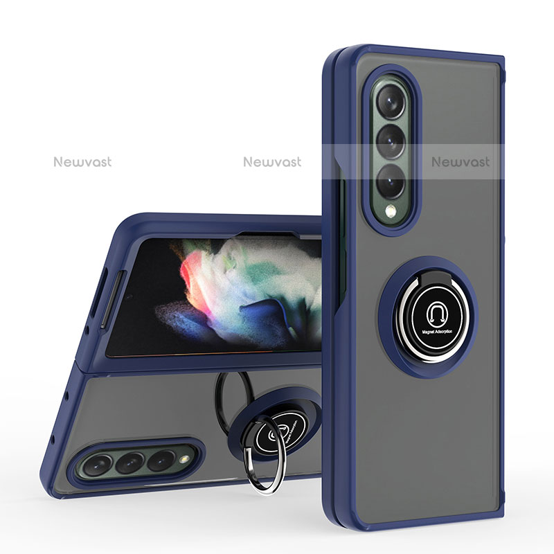 Silicone Matte Finish and Plastic Back Cover Case with Magnetic Finger Ring Stand QW2 for Samsung Galaxy Z Fold3 5G