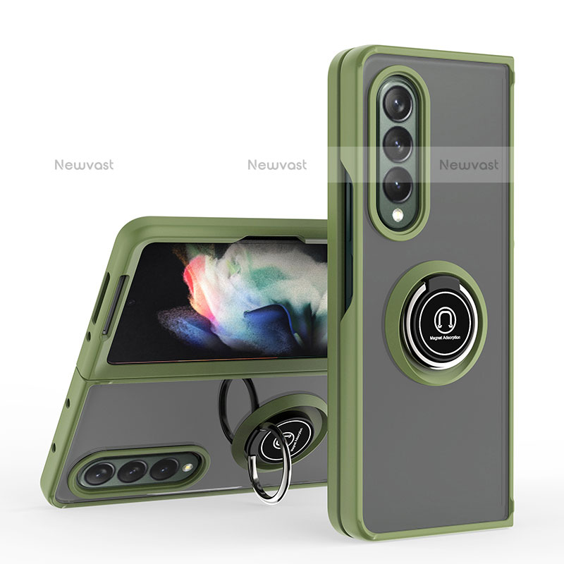 Silicone Matte Finish and Plastic Back Cover Case with Magnetic Finger Ring Stand QW2 for Samsung Galaxy Z Fold3 5G Army green