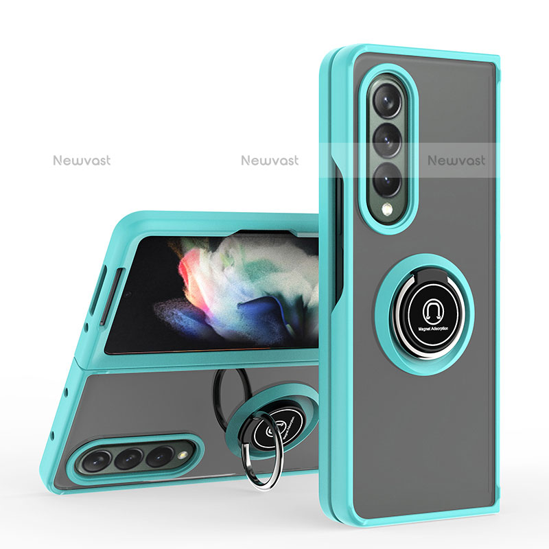 Silicone Matte Finish and Plastic Back Cover Case with Magnetic Finger Ring Stand QW2 for Samsung Galaxy Z Fold3 5G Cyan