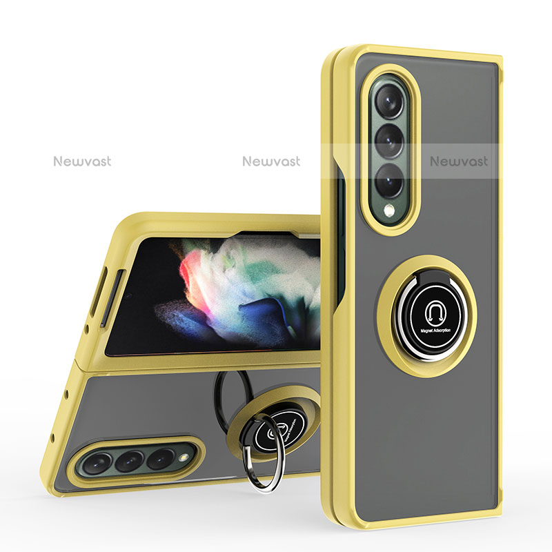 Silicone Matte Finish and Plastic Back Cover Case with Magnetic Finger Ring Stand QW2 for Samsung Galaxy Z Fold3 5G Yellow