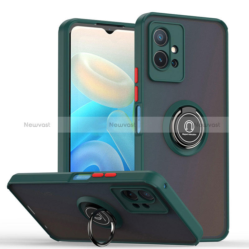 Silicone Matte Finish and Plastic Back Cover Case with Magnetic Finger Ring Stand QW2 for Vivo iQOO Z6 5G Midnight Green