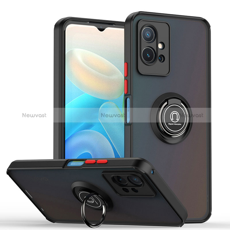 Silicone Matte Finish and Plastic Back Cover Case with Magnetic Finger Ring Stand QW2 for Vivo T1 5G India
