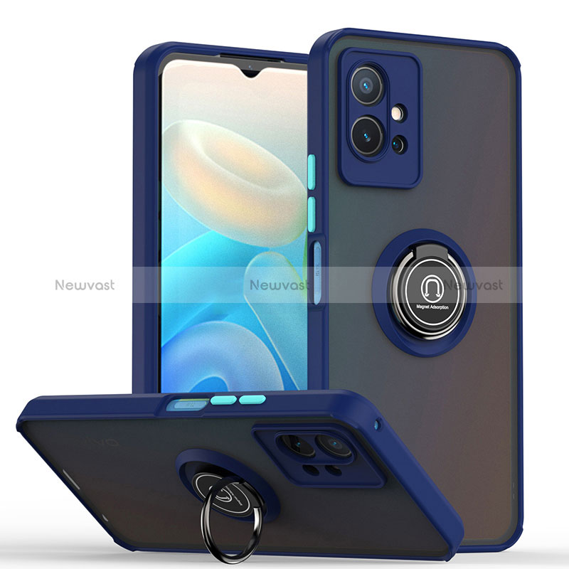 Silicone Matte Finish and Plastic Back Cover Case with Magnetic Finger Ring Stand QW2 for Vivo T1 5G India Blue