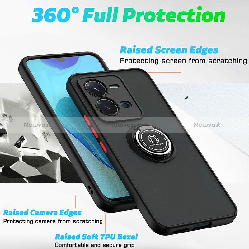 Silicone Matte Finish and Plastic Back Cover Case with Magnetic Finger Ring Stand QW2 for Vivo V25 5G
