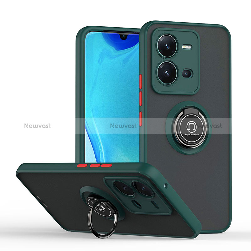 Silicone Matte Finish and Plastic Back Cover Case with Magnetic Finger Ring Stand QW2 for Vivo X80 Lite 5G Midnight Green
