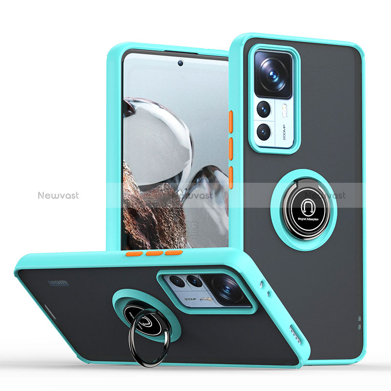 Silicone Matte Finish and Plastic Back Cover Case with Magnetic Finger Ring Stand QW2 for Xiaomi Mi 12T Pro 5G Cyan