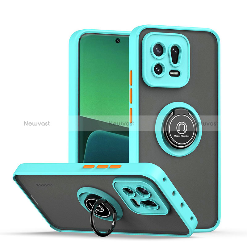 Silicone Matte Finish and Plastic Back Cover Case with Magnetic Finger Ring Stand QW2 for Xiaomi Mi 13 5G