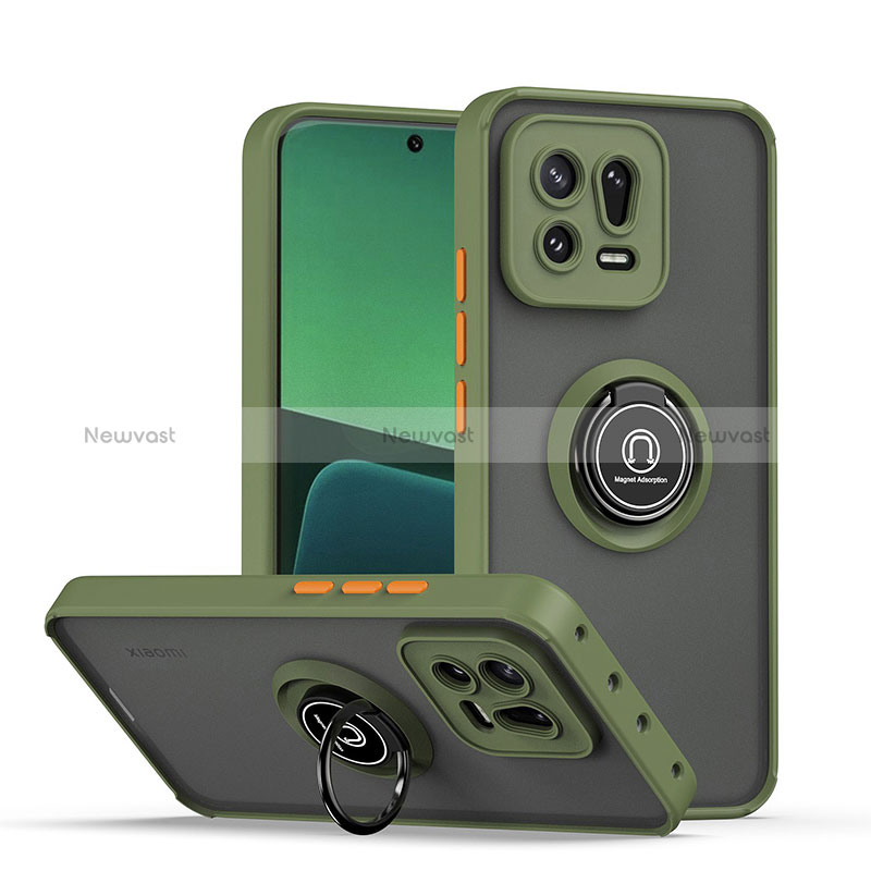 Silicone Matte Finish and Plastic Back Cover Case with Magnetic Finger Ring Stand QW2 for Xiaomi Mi 13 5G Army green