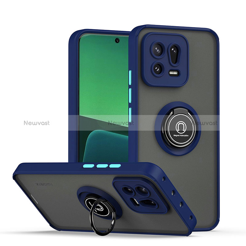 Silicone Matte Finish and Plastic Back Cover Case with Magnetic Finger Ring Stand QW2 for Xiaomi Mi 13 Pro 5G Blue