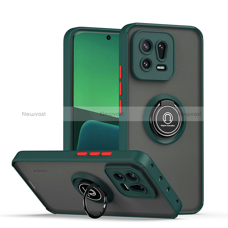 Silicone Matte Finish and Plastic Back Cover Case with Magnetic Finger Ring Stand QW2 for Xiaomi Mi 13 Pro 5G Midnight Green