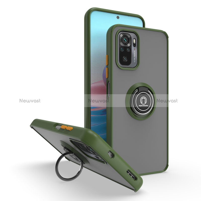 Silicone Matte Finish and Plastic Back Cover Case with Magnetic Finger Ring Stand QW2 for Xiaomi Poco M5S Army green