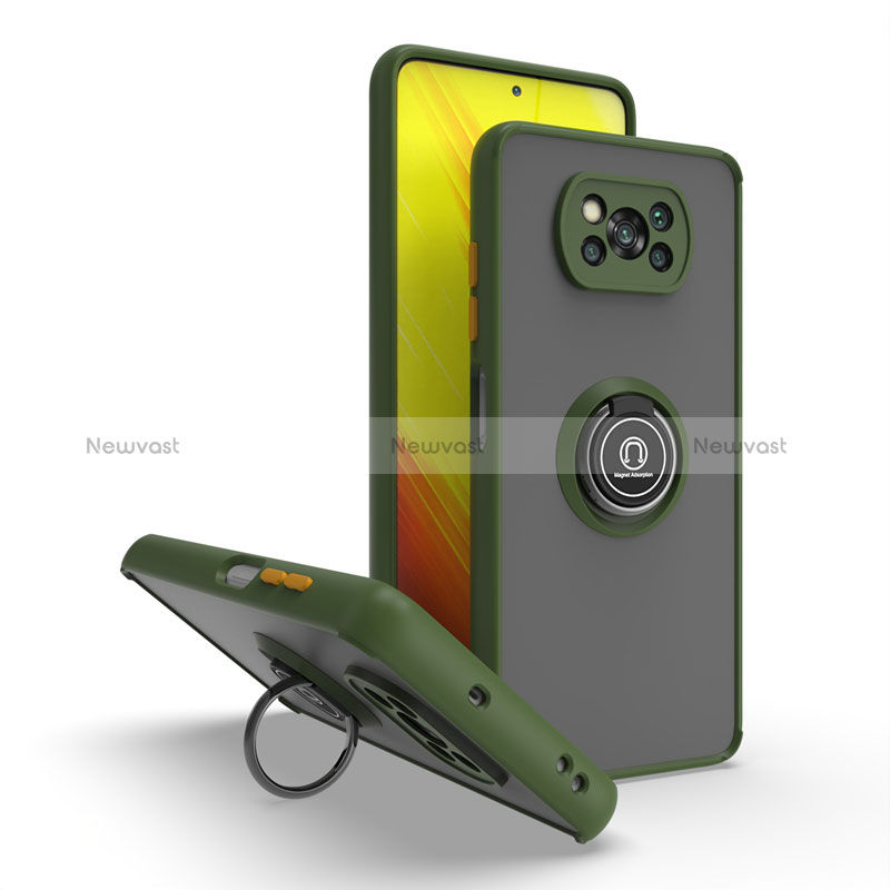 Silicone Matte Finish and Plastic Back Cover Case with Magnetic Finger Ring Stand QW2 for Xiaomi Poco X3 Army green