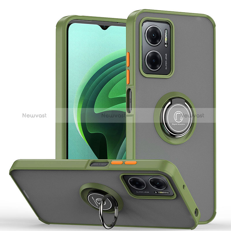 Silicone Matte Finish and Plastic Back Cover Case with Magnetic Finger Ring Stand QW2 for Xiaomi Redmi 10 Prime Plus 5G Army green