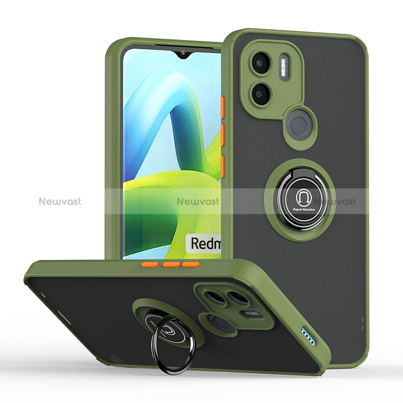 Silicone Matte Finish and Plastic Back Cover Case with Magnetic Finger Ring Stand QW2 for Xiaomi Redmi A1 Plus Army green