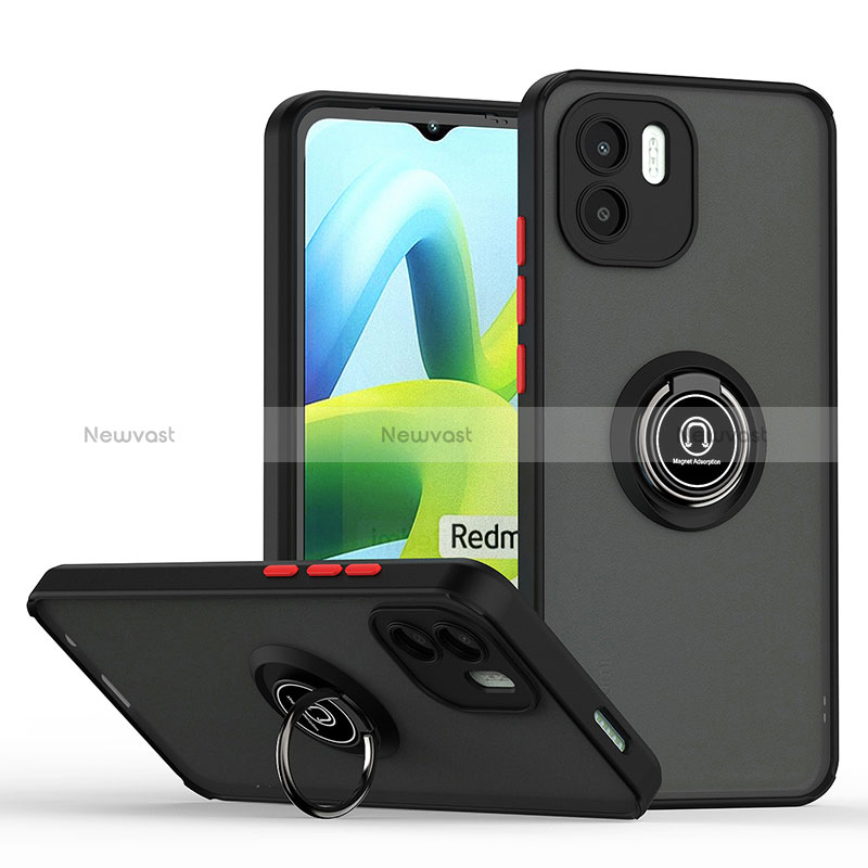 Silicone Matte Finish and Plastic Back Cover Case with Magnetic Finger Ring Stand QW2 for Xiaomi Redmi A2 Red and Black