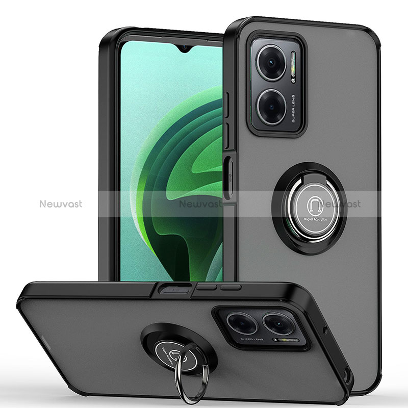 Silicone Matte Finish and Plastic Back Cover Case with Magnetic Finger Ring Stand QW2 for Xiaomi Redmi Note 11E 5G Black