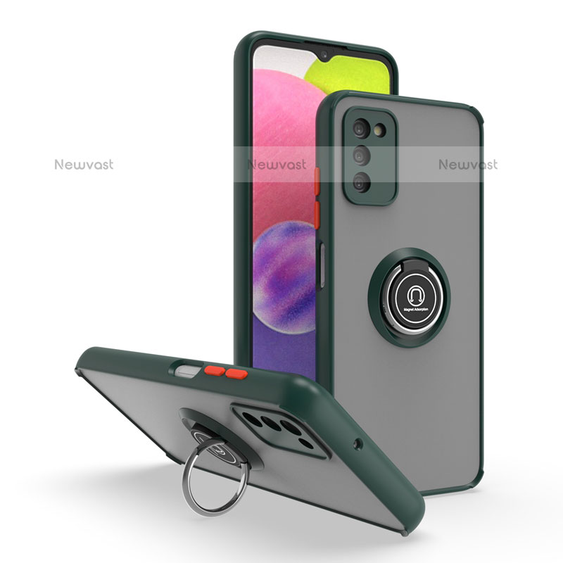 Silicone Matte Finish and Plastic Back Cover Case with Magnetic Finger Ring Stand QW3 for Samsung Galaxy A02s Midnight Green