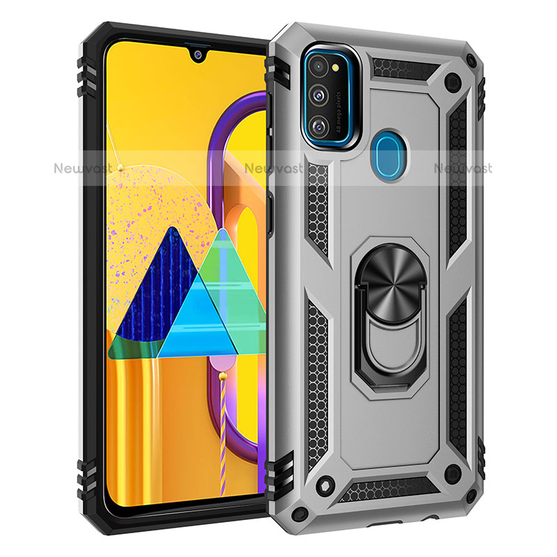 Silicone Matte Finish and Plastic Back Cover Case with Magnetic Finger Ring Stand QW3 for Samsung Galaxy M21