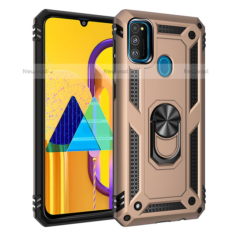 Silicone Matte Finish and Plastic Back Cover Case with Magnetic Finger Ring Stand QW3 for Samsung Galaxy M21 Gold