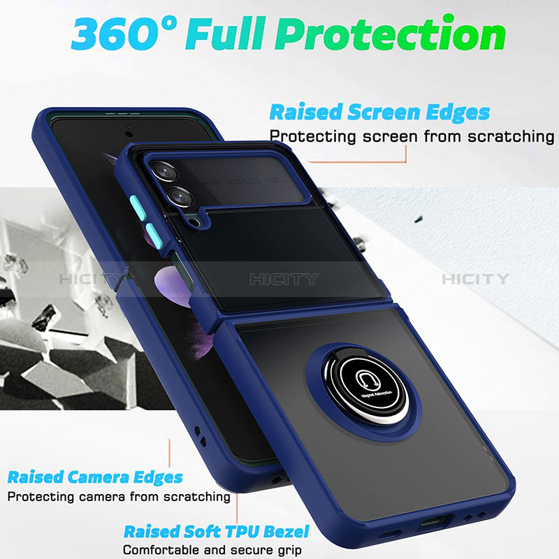 Silicone Matte Finish and Plastic Back Cover Case with Magnetic Finger Ring Stand QW3 for Samsung Galaxy Z Flip4 5G