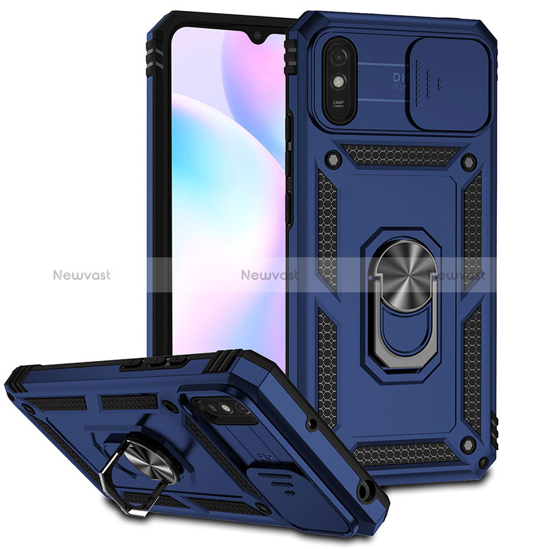 Silicone Matte Finish and Plastic Back Cover Case with Magnetic Finger Ring Stand QW3 for Xiaomi Redmi 9A Blue
