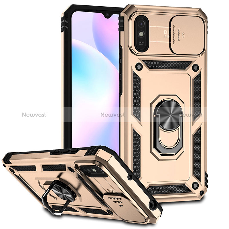 Silicone Matte Finish and Plastic Back Cover Case with Magnetic Finger Ring Stand QW3 for Xiaomi Redmi 9A Gold