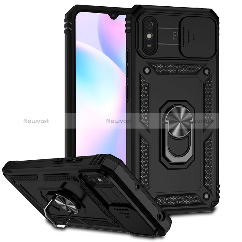 Silicone Matte Finish and Plastic Back Cover Case with Magnetic Finger Ring Stand QW3 for Xiaomi Redmi 9AT