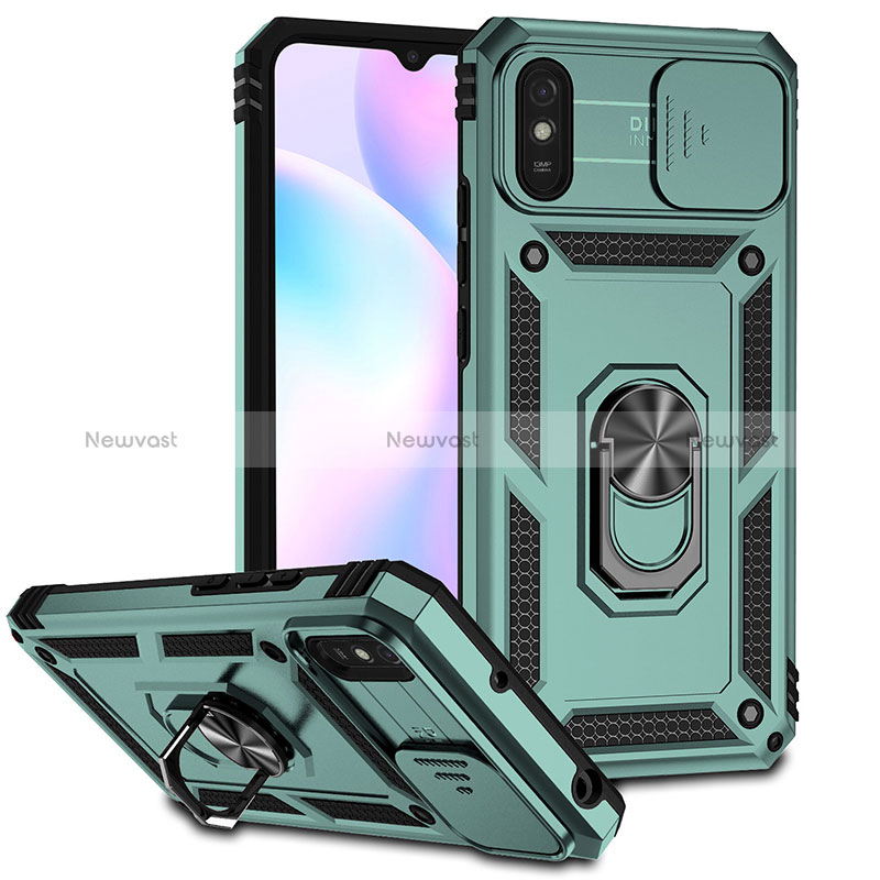 Silicone Matte Finish and Plastic Back Cover Case with Magnetic Finger Ring Stand QW3 for Xiaomi Redmi 9AT