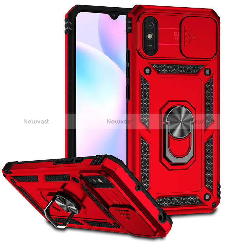 Silicone Matte Finish and Plastic Back Cover Case with Magnetic Finger Ring Stand QW3 for Xiaomi Redmi 9i