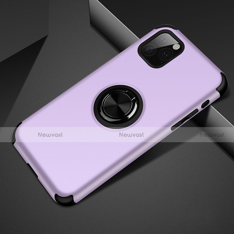 Silicone Matte Finish and Plastic Back Cover Case with Magnetic Finger Ring Stand R01 for Apple iPhone 11 Pro Max Purple
