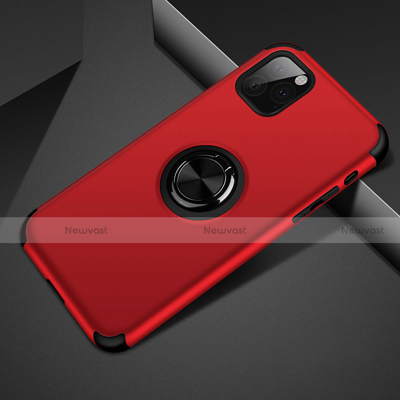 Silicone Matte Finish and Plastic Back Cover Case with Magnetic Finger Ring Stand R01 for Apple iPhone 11 Pro Max Red