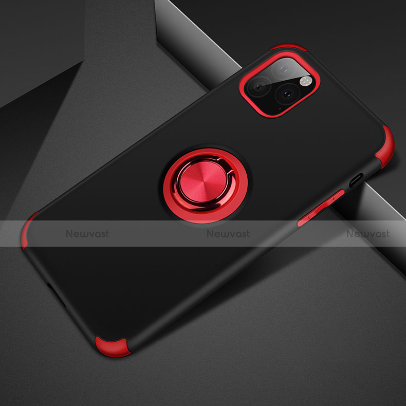 Silicone Matte Finish and Plastic Back Cover Case with Magnetic Finger Ring Stand R01 for Apple iPhone 11 Pro Red and Black