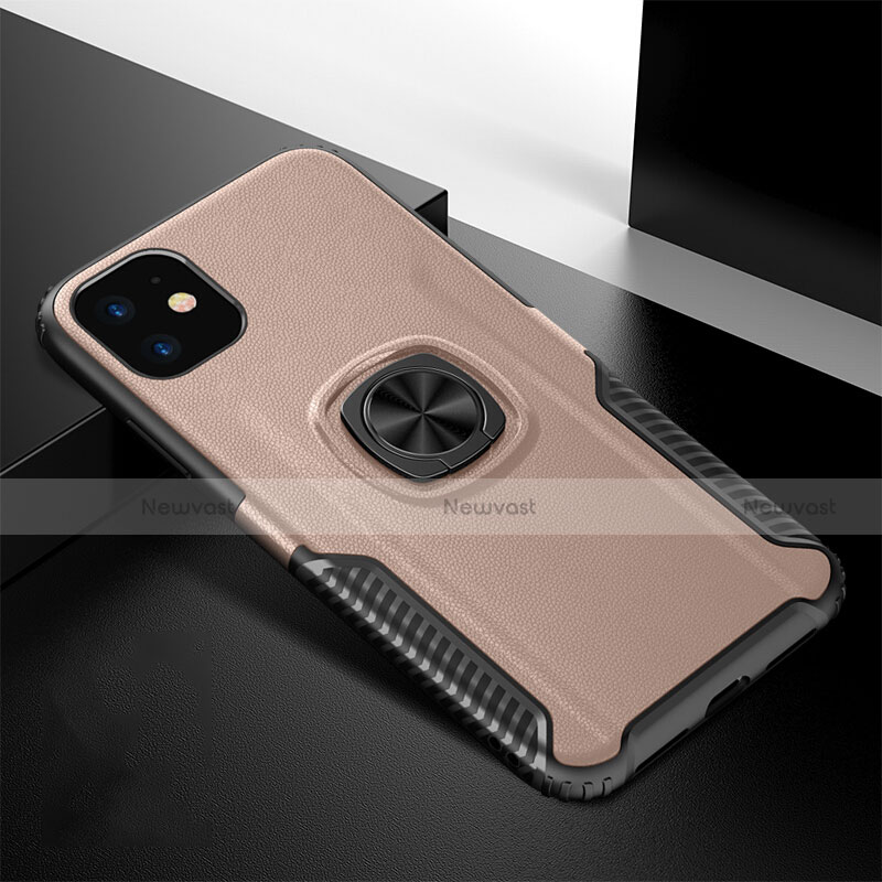 Silicone Matte Finish and Plastic Back Cover Case with Magnetic Finger Ring Stand R01 for Apple iPhone 11 Rose Gold