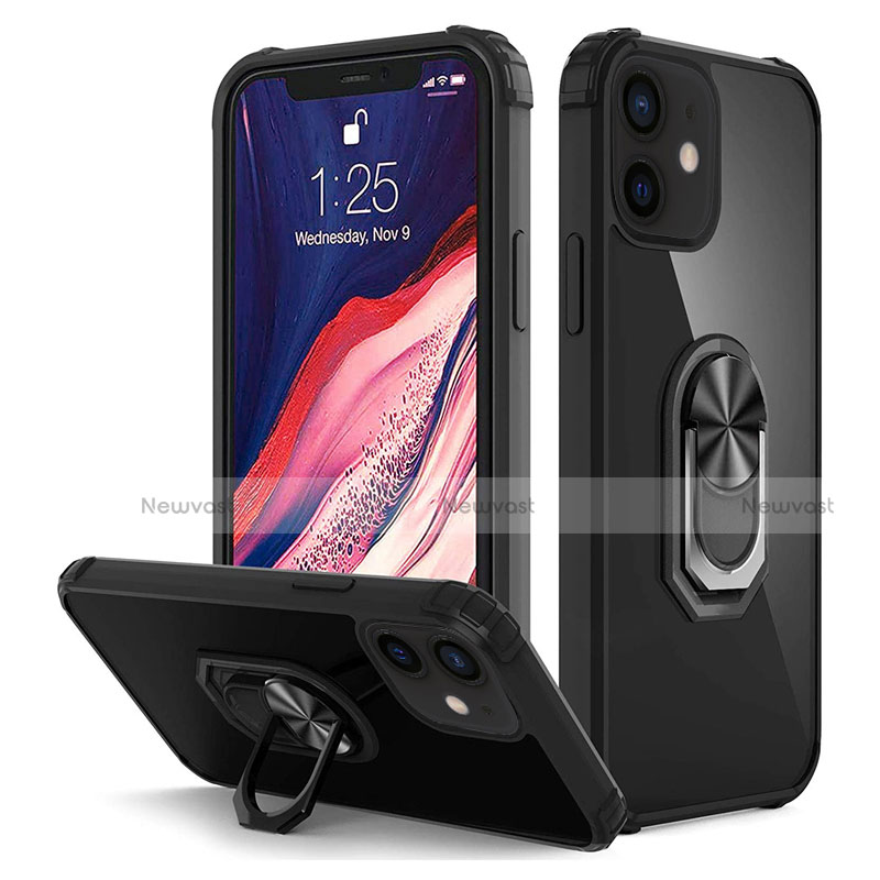 Silicone Matte Finish and Plastic Back Cover Case with Magnetic Finger Ring Stand R01 for Apple iPhone 12 Black